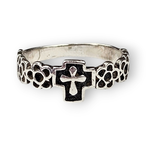 Sterling Cross Flower Band Ring Oxidized 925 Silver Religious Vintage Size 9.5 - Picture 1 of 9
